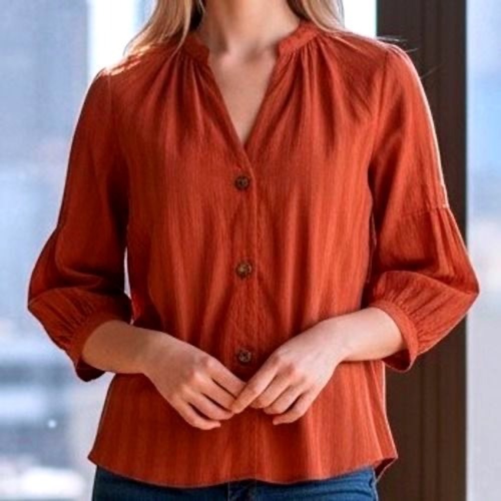 Ellison Boho Top Blouse Stripe Button Down 3/4 Sleeve‎ Linen Cotton Women Medium